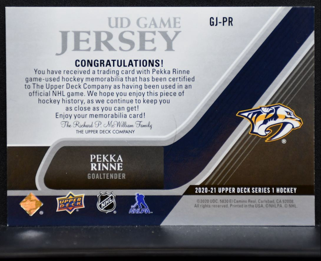 2020-21 Upper Deck Series 1 UD Game Jersey Pekka Rinne Predators Jersey 7320