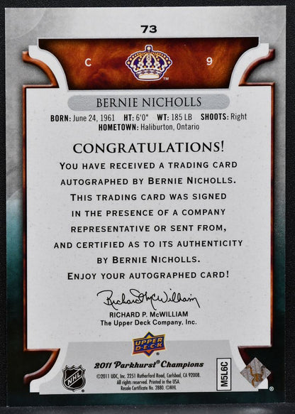 2011-12 Parkhurst Champions Autographs Bernie Nicholls 73 Kings Auto 8047