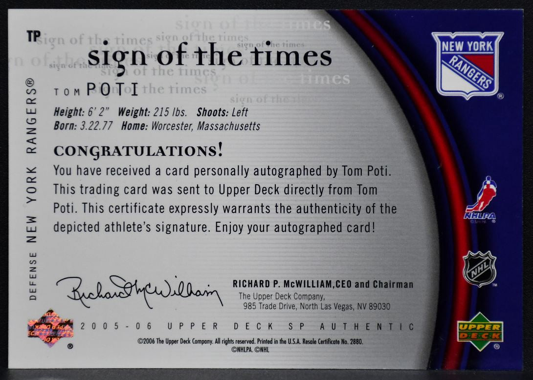 2005-06 SP Authentic Sign of the Times Tom Poti TP New York Rangers Auto 2537
