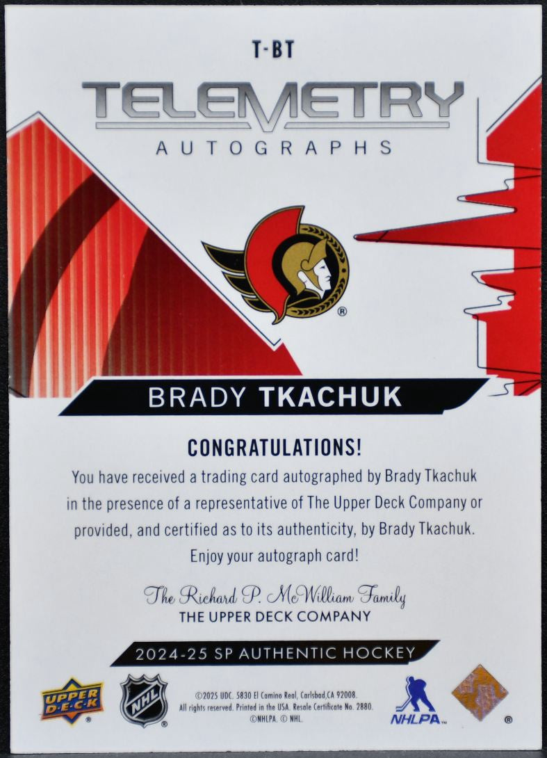 2024-25 SP Authentic Telemetry Autographs Brady Tkachuk T-BT Senators Auto 5103