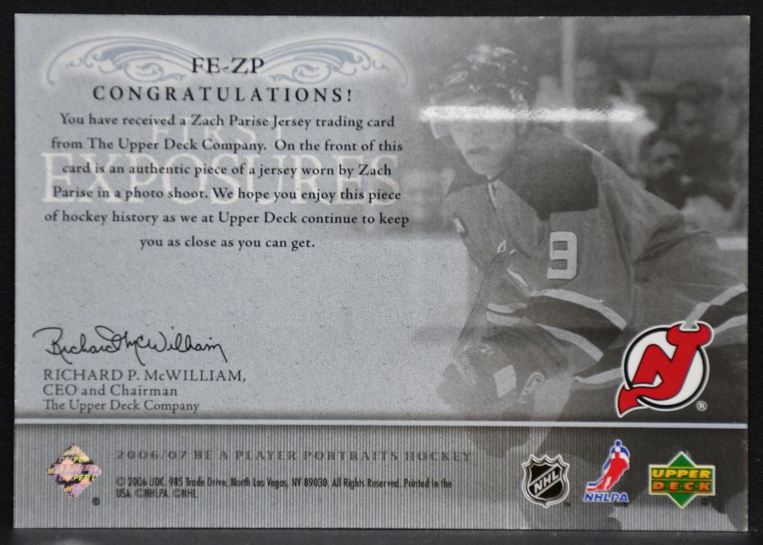 2006-07 Be A Player Portraits First Exposures Zach Parise FE-ZP Devils Jersey 2424