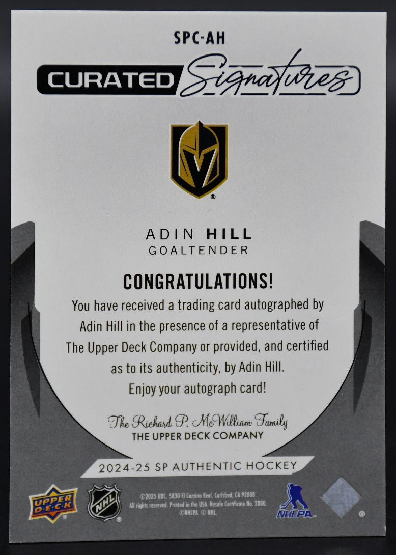 2024-25 SP Authentic Adin Hill SPC-AH Vegas Golden Knights Auto 242/299