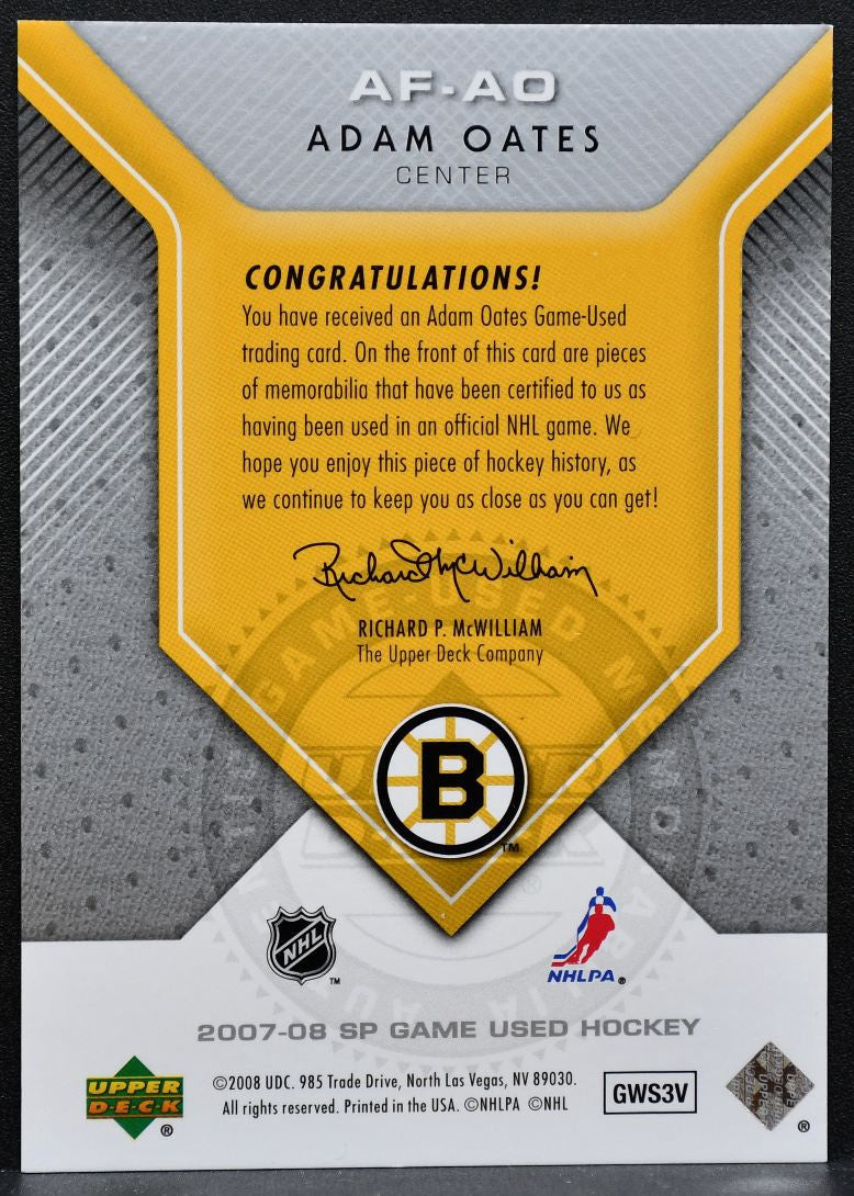 2007-08 SP Game Used Authentic Fabrics Adam Oates Boston Bruins Jersey 5802