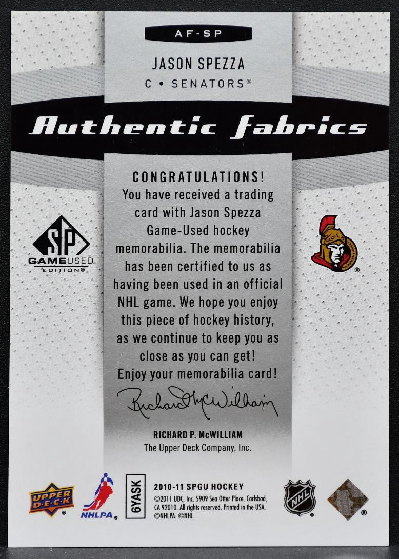 2010-11 SP Game Used Authentic Fabrics Jason Spezza AF-SP Senators Jersey 3018