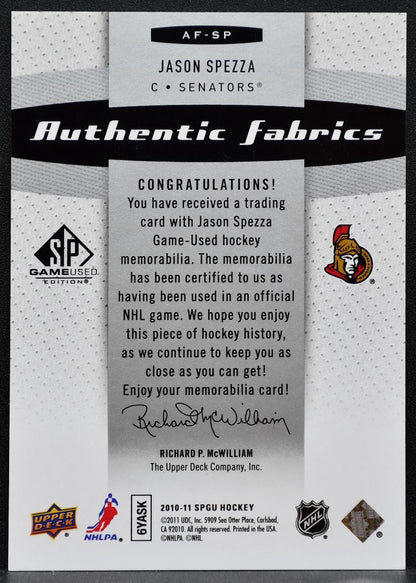 2010-11 SP Game Used Authentic Fabrics Jason Spezza AF-SP Senators Jersey 3018