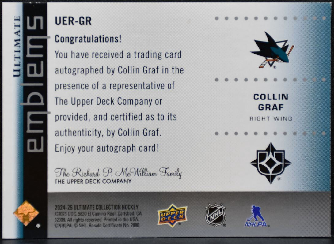 2024-25 UD Ultimate Collection Emblems Rookies Auto Graf Sharks RC Auto 4731