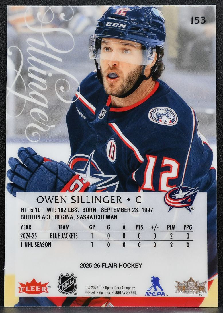 2025-26 Flair Rookie Owen Sillinger 153 Columbus Blue Jackets RC 2089