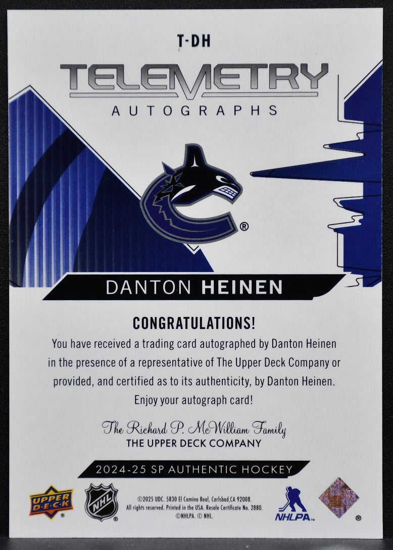 2024-25 SP Authentic Telemetry Autographs Danton Heinen T-DH Canucks Auto 1148