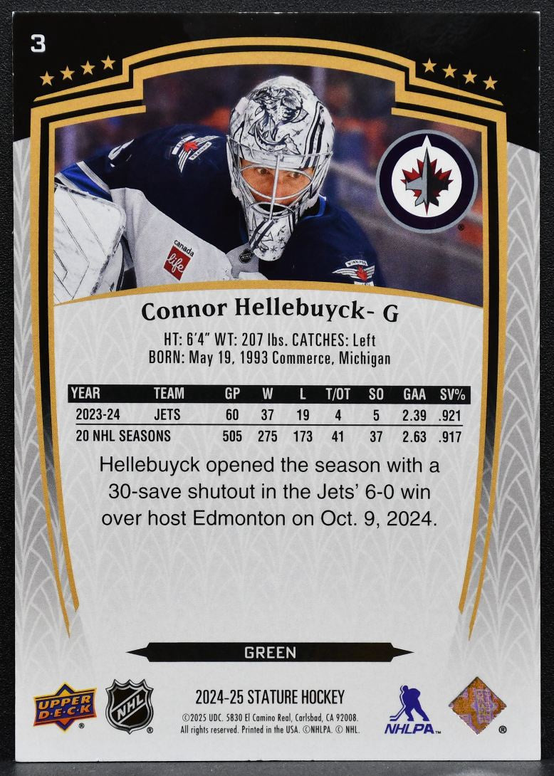 2024-25 Upper Deck Stature Green Connor Hellebuyck 3 Winnipeg Jets 167/375 9782