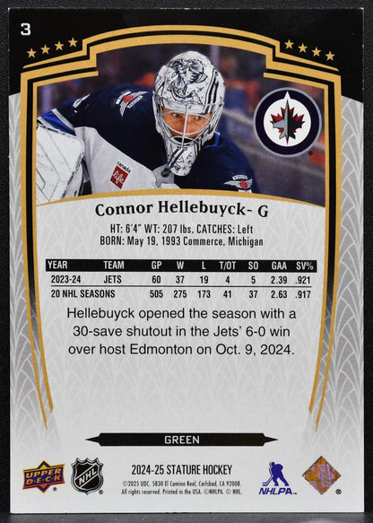 2024-25 Upper Deck Stature Green Connor Hellebuyck 3 Winnipeg Jets 167/375 9782