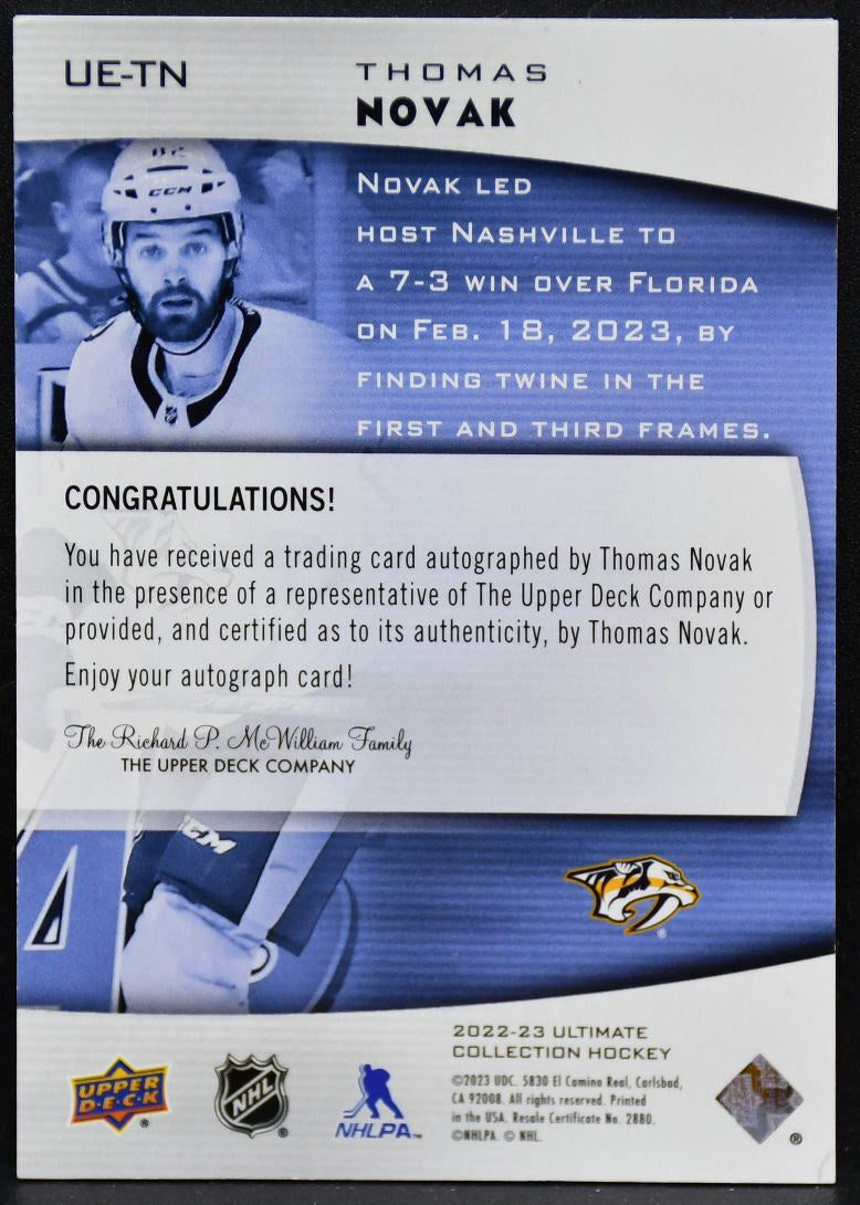 2022-23 UD Ultimate Collection Emblems Platinum Novak Predators Auto 03/10 4609