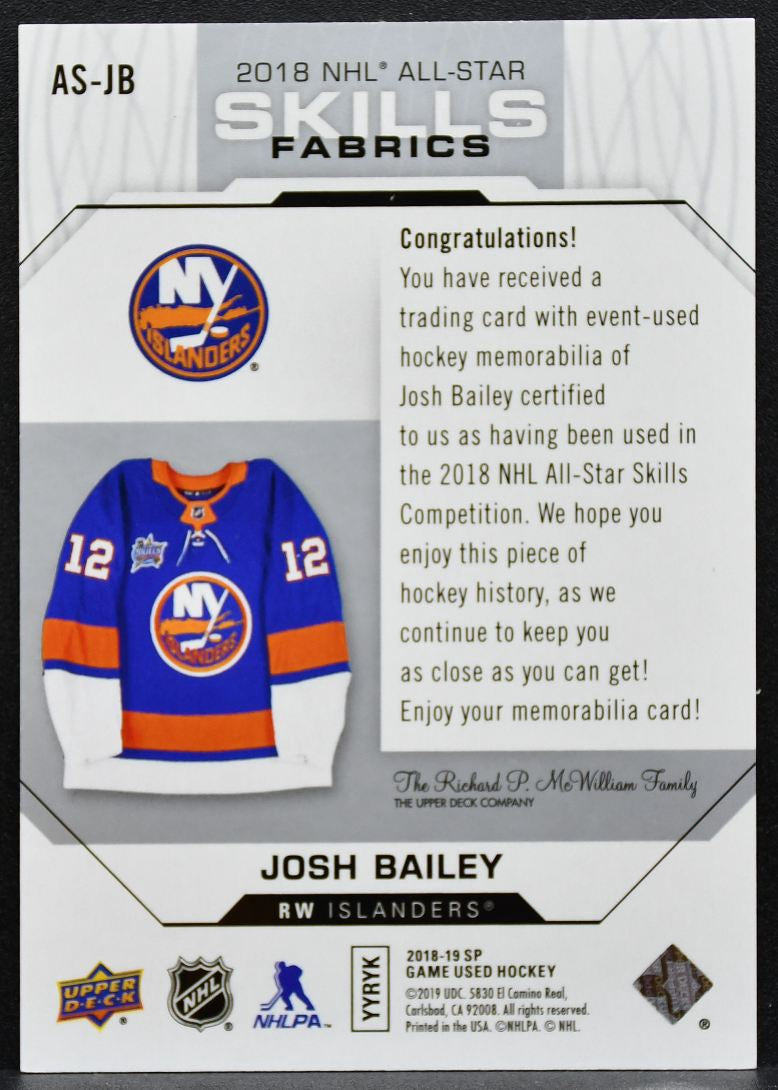 2018-19 SP Game Used 2018 NHL All-Star Skills Fabrics Josh Bailey Jersey 6494