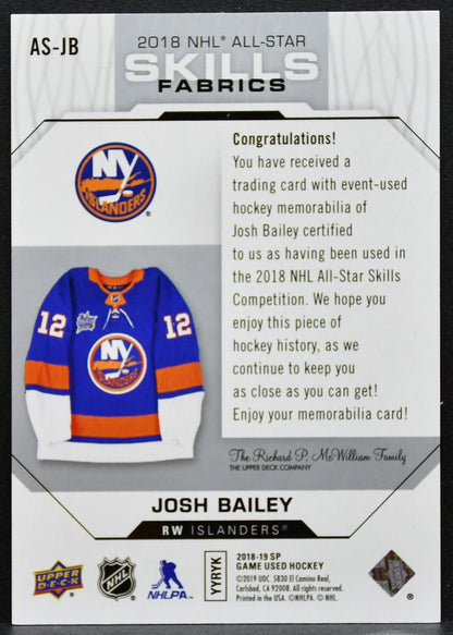 2018-19 SP Game Used 2018 NHL All-Star Skills Fabrics Josh Bailey Jersey 6494