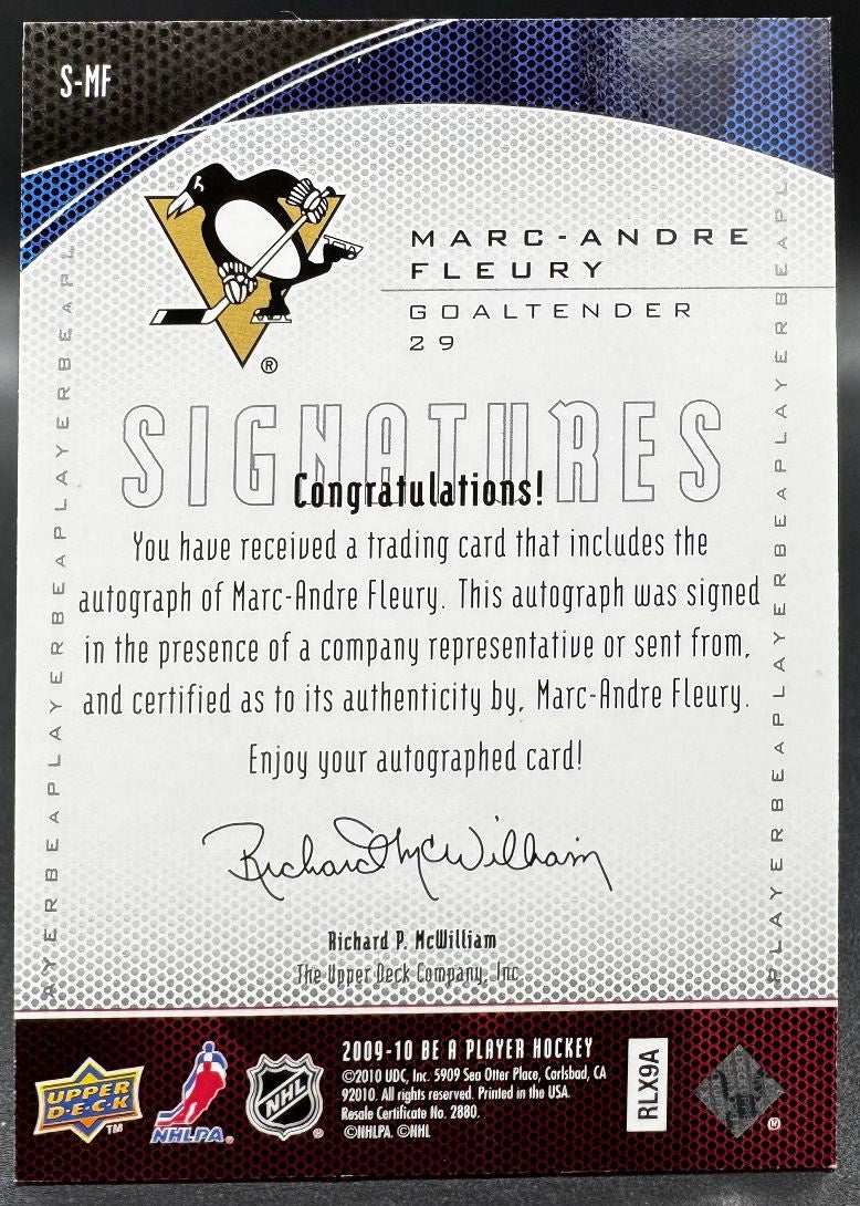 Carte autographiée Marc-André Fleury (Pittsburgh Penguins) - Saison 2009-2010 - Collection « Be A Player » -