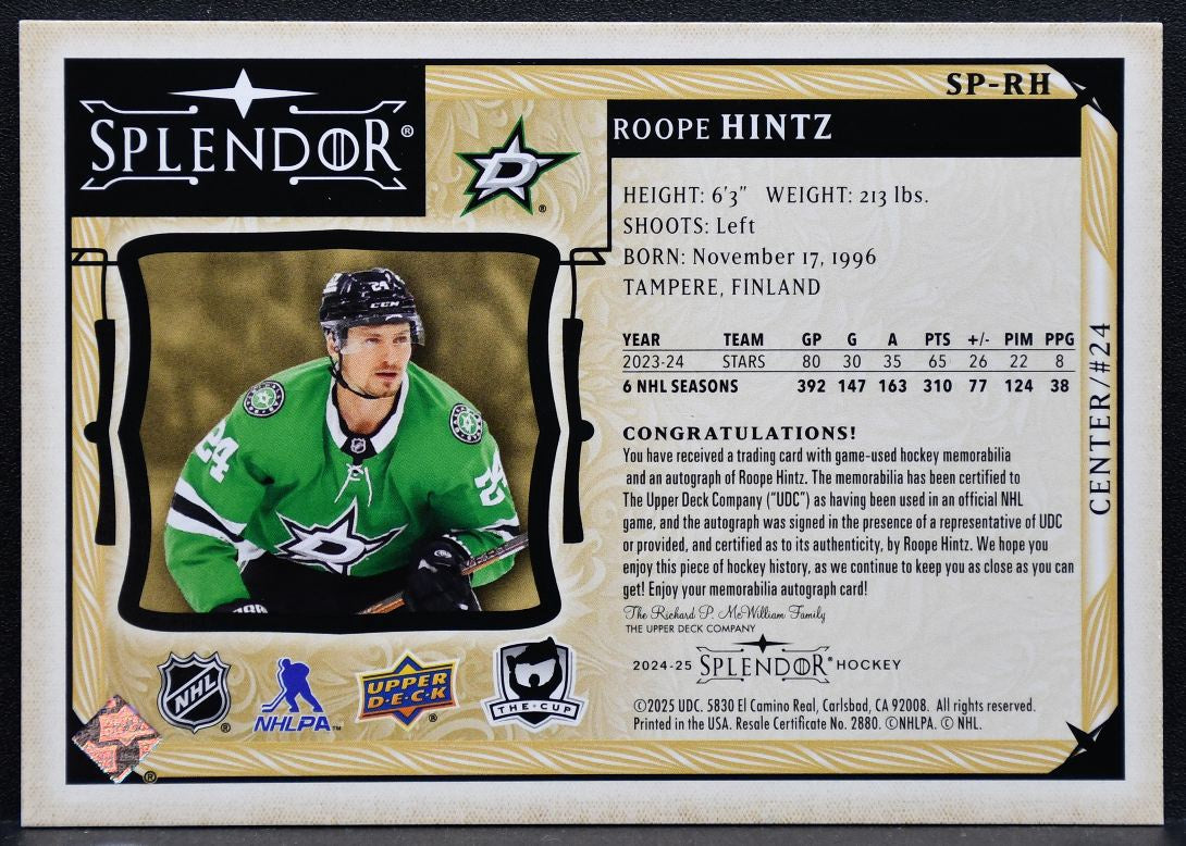 2024-25 UD The Cup Splendor Roope Hintz SP-RH Stars Auto 34/36 Patch 5944