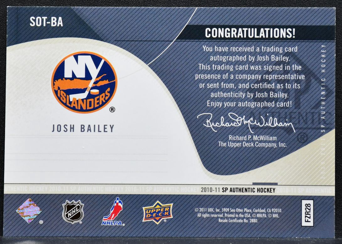2010-11 SP Authentic Sign of the Times Josh Bailey SOT-BA Islanders Auto 0156