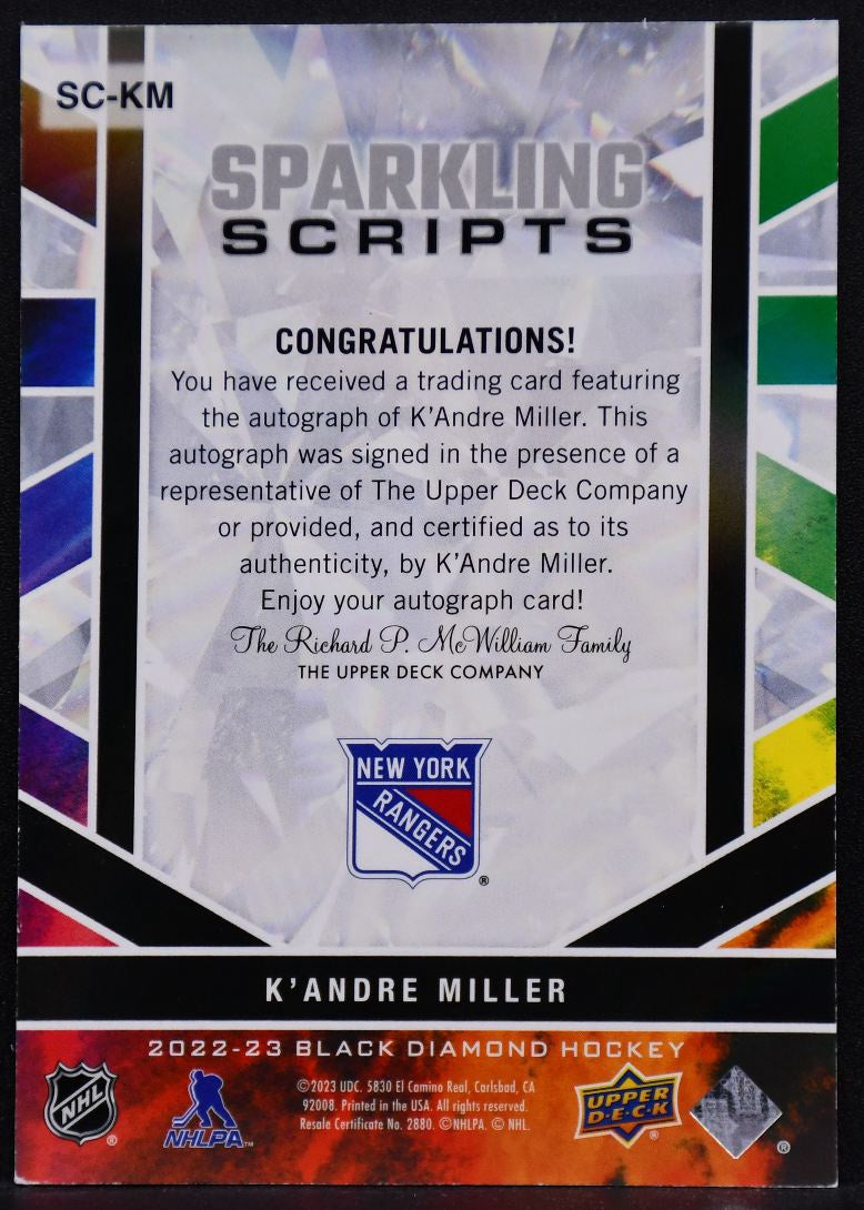 2022-23 UD Black Diamond Sparkling Scripts K'Andre Miller SC-KM Rangers Auto