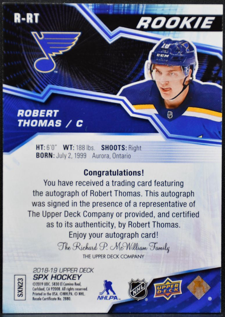 2018-19 SPx Rookies Autographs Robert Thomas R-RT Blues RC Auto 166/249 5325