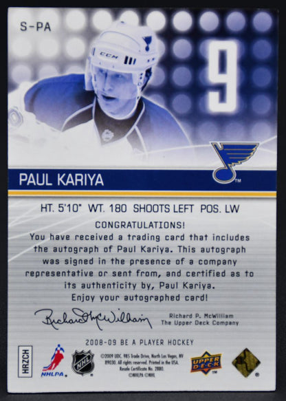 2008-09 UD Be a Player Signatures Paul Kariya S-PA Auto