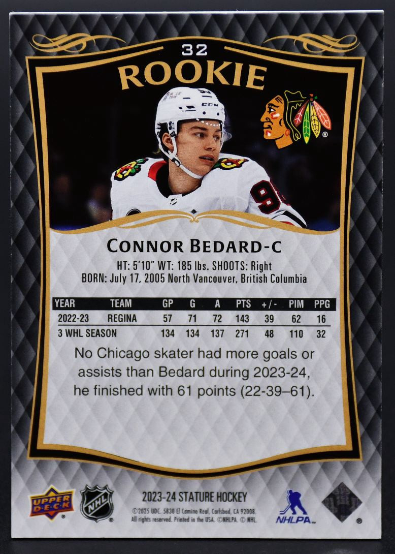2023-24 UD Stature Connor Bedard 32 Chicago Blackhawks RC 513/999