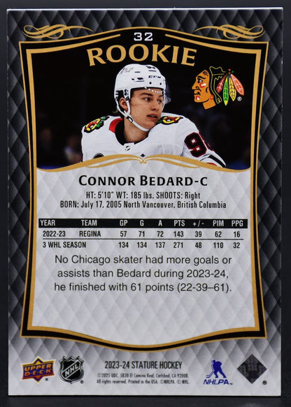 2023-24 UD Stature Connor Bedard 32 Chicago Blackhawks RC 513/999