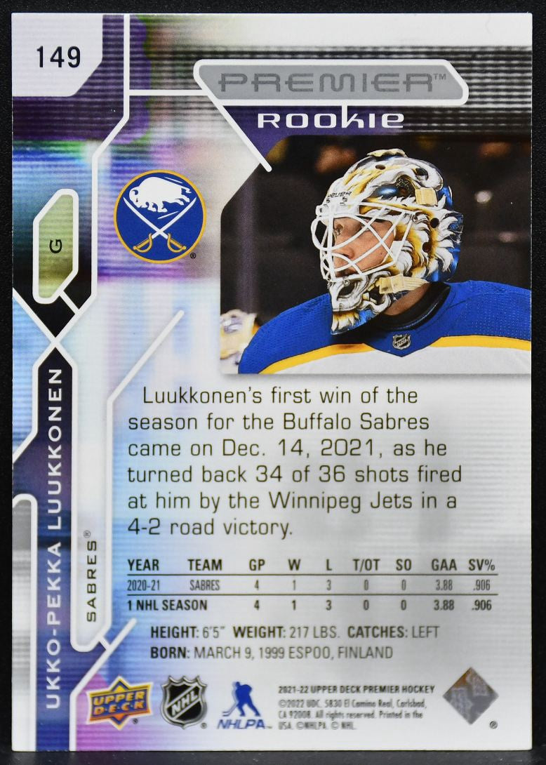 2021-22 UD Premier Rookie Ukko-Pekka Luukkonen 149 Sabres RC 163/399 4388