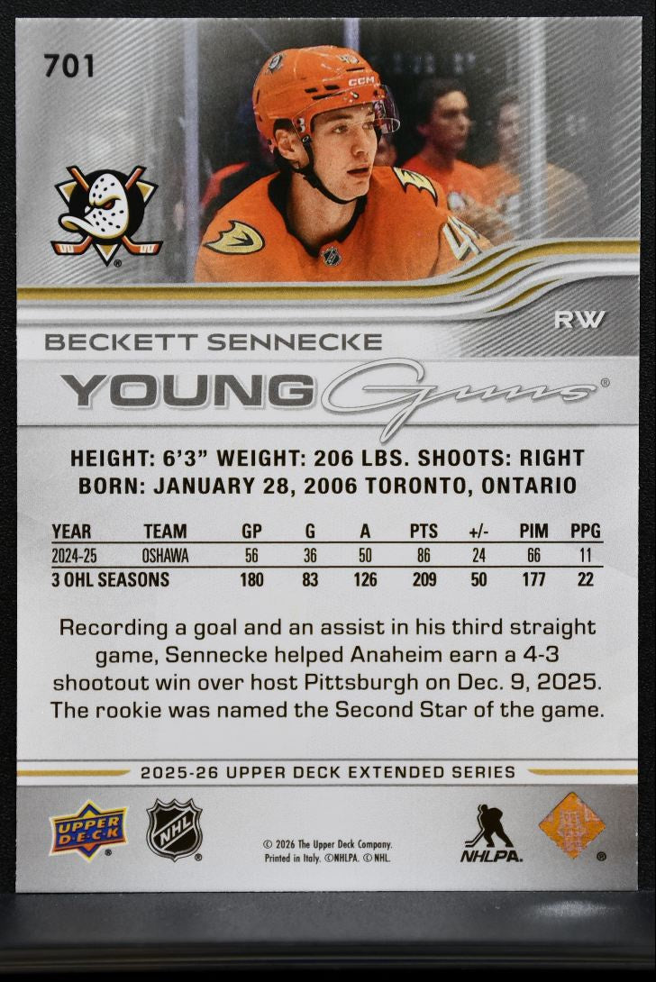 2025-26 UD Extended Series Young Guns Beckett Sennecke 701 Anaheim Ducks RC 1167