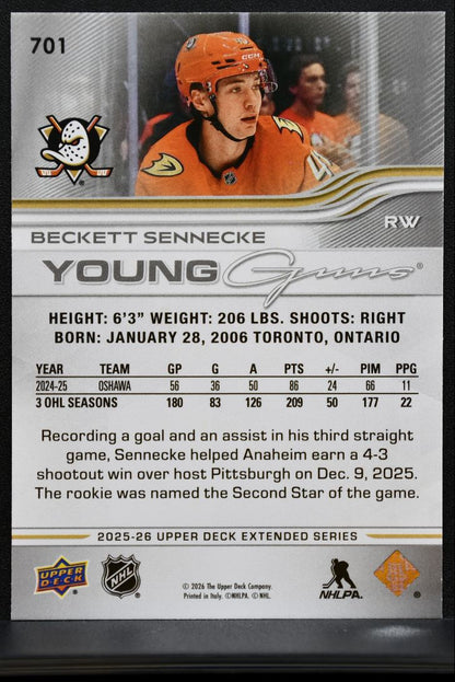 2025-26 UD Extended Series Young Guns Beckett Sennecke 701 Anaheim Ducks RC 1167