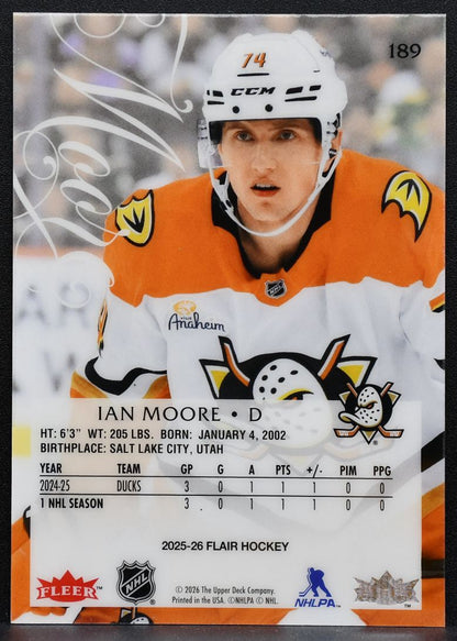 2025-26 Flair Rookie Ian Moore 189 Anaheim Ducks RC 8822