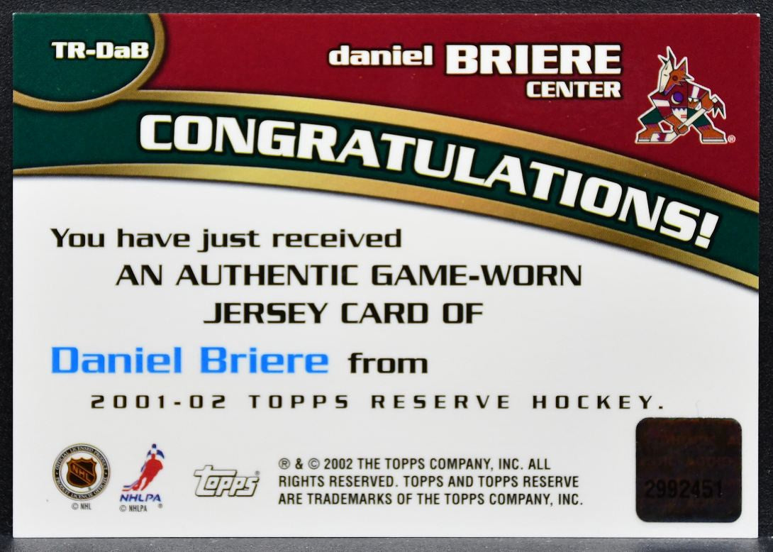 2002-03 Topps Reserve Jersey Daniel Briere TR-DAB Phoenix Coyotes Jersey 9783