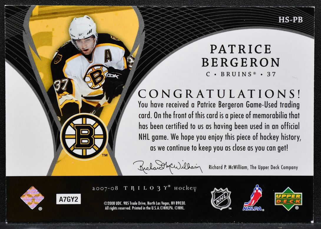 2007-08 UD Trilogy Honorary Swatches Patrice Bergeron HS-PB Bruins Jersey 5012