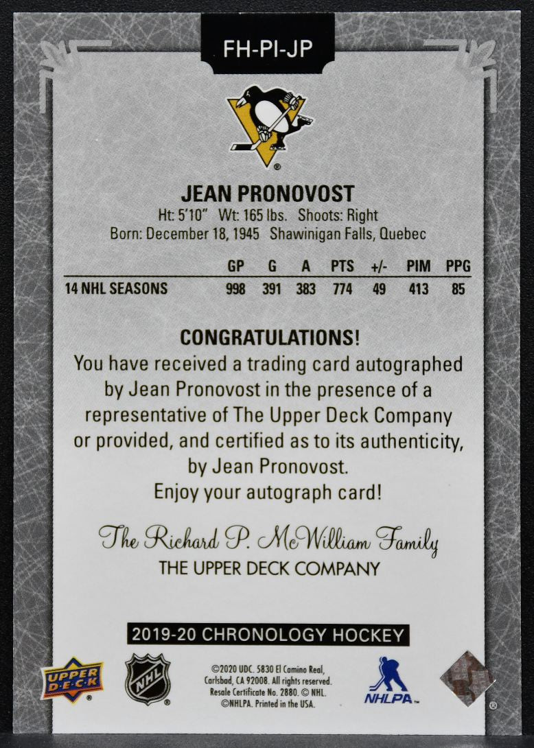 2019-20 UD Chronology Franchise History Autos Jean Pronovost Penguins Auto 7170