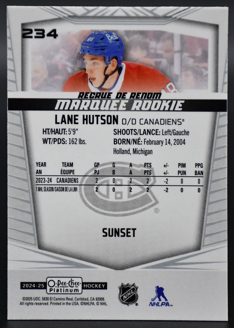 2024-25 OPC Platinum Lane Hutson 234 Montreal Canadiens RC