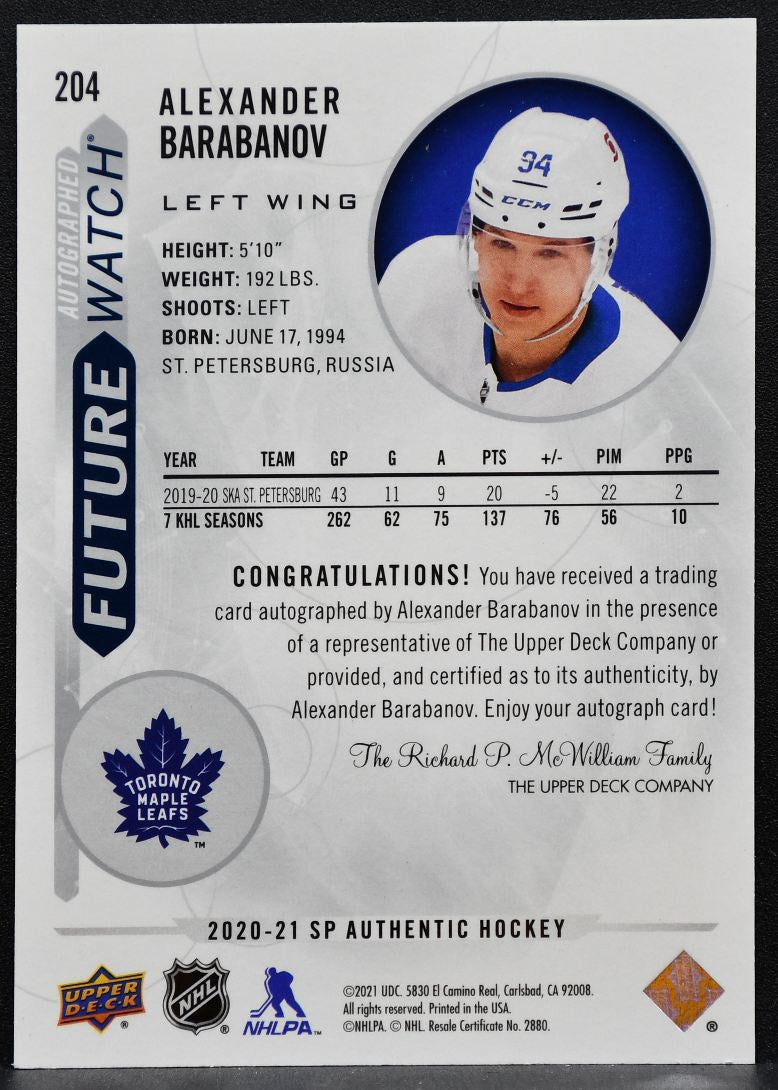 2020-21 SP Authentic Future Watch Auto Barabanov RC Auto 171/999 2428