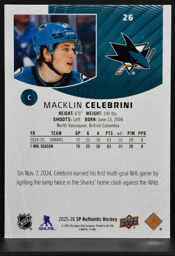 2025-26 SP Authentic Macklin Celebrini 26 San Jose Sharks 1297