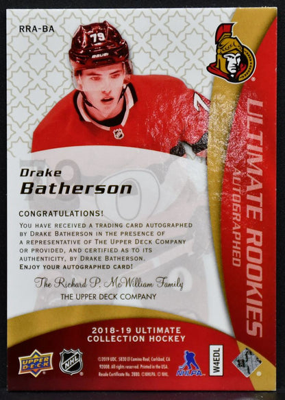 2018-19 UD Ultimate Retro Rookies Autographs Drake Batherson RRA-BA RC Auto /175