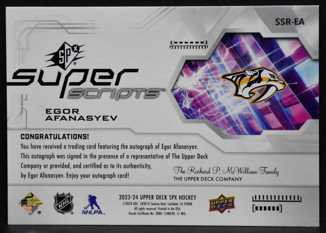 2023-24 SPx RC Superscripts Egor Afanasyev SSR-EA Nashville Predators RC Auto 5839