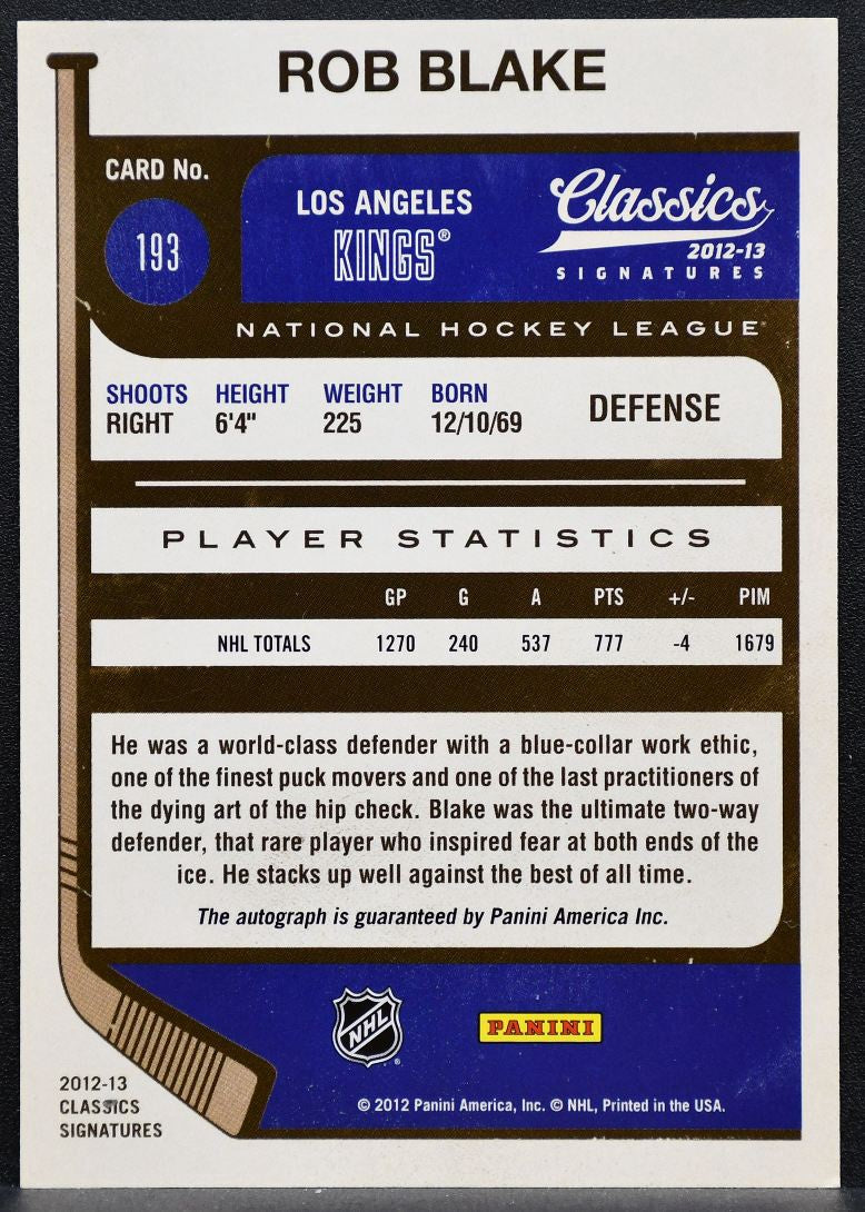 2012-13 Panini Classics Signatures Autographs Rob Blake 193 Kings Auto 9541