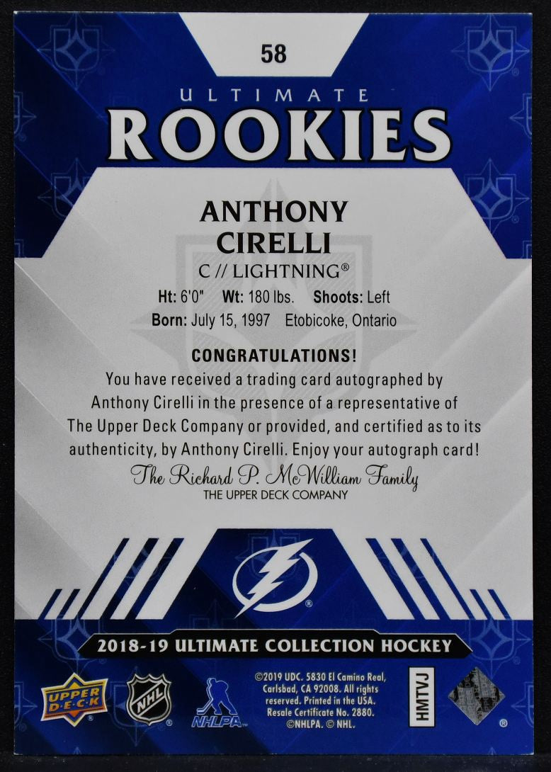 2018-19 UD Ultimate Collection Rookies Anthony Cirelli 58 RC Auto 098/299