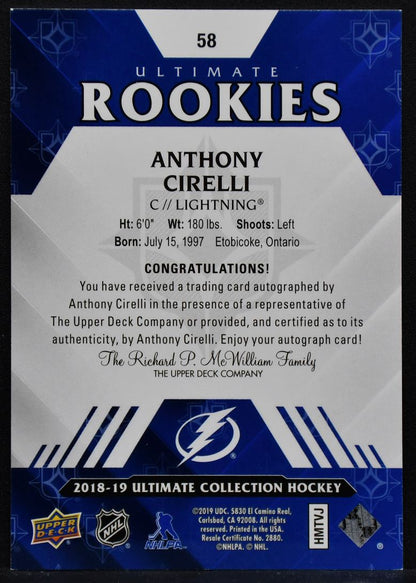 2018-19 UD Ultimate Collection Rookies Anthony Cirelli 58 RC Auto 098/299