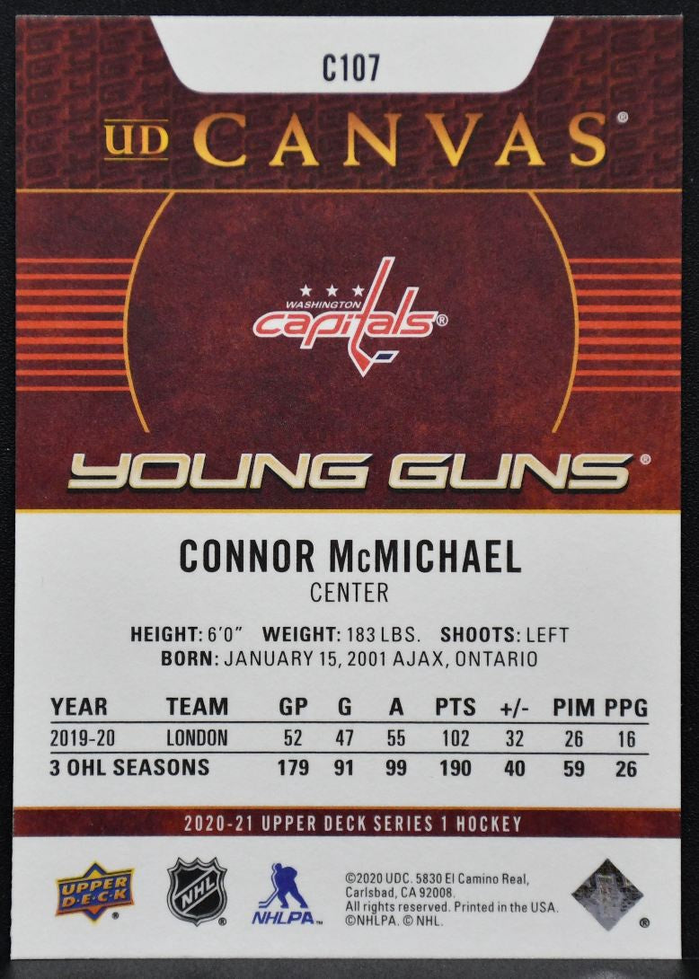 20-21 UD Series 1 UD Canvas Young Guns Connor McMichael C107 Capitals RC 6170