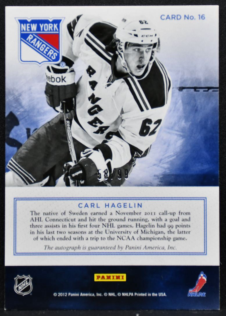 2012-13 Panini Prime Signatures Carl Hagelin 16 New York Rangers Auto 3319