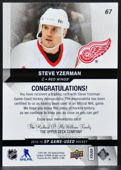2014-15 SP Game Used Jersey Steve Yzerman 67 Detroit Red Wings Jersey 8463