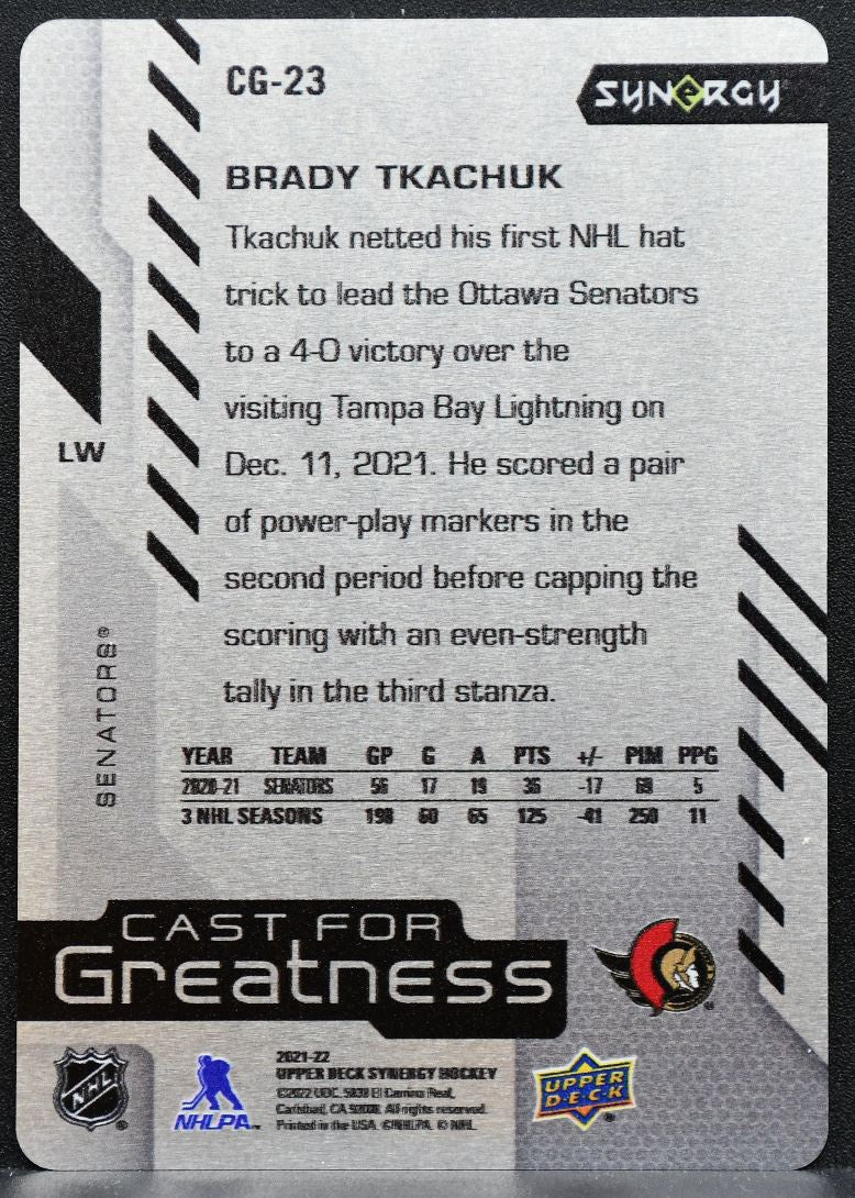 2021-22 UD Synergy Cast for Greatness Purple Brady Tkachuk CG-23 Senators 5760