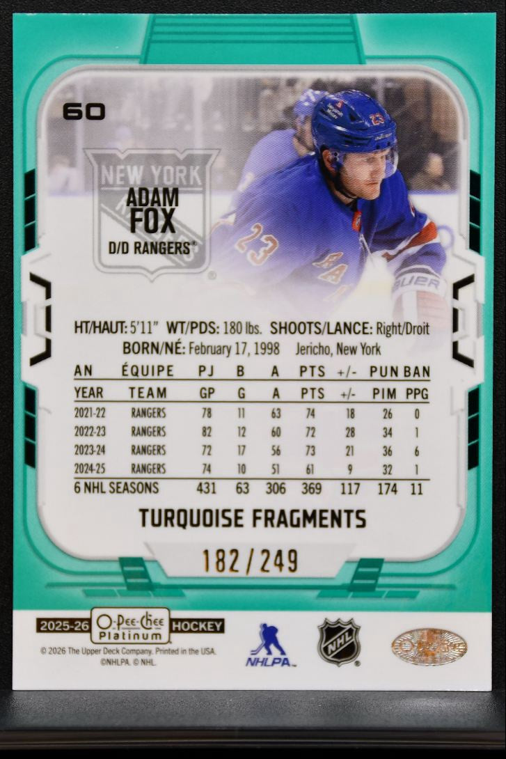 2025-26 O Pee Chee Platinum Turquoise Fragments Adam Fox 60 Rangers 182/249 8341