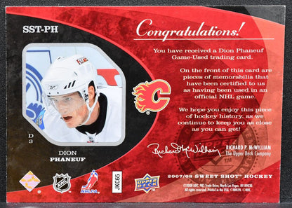 2007-08 UD Sweet Shot Stitches Triples Dion Phaneuf Flames 009/299 Jersey 6828
