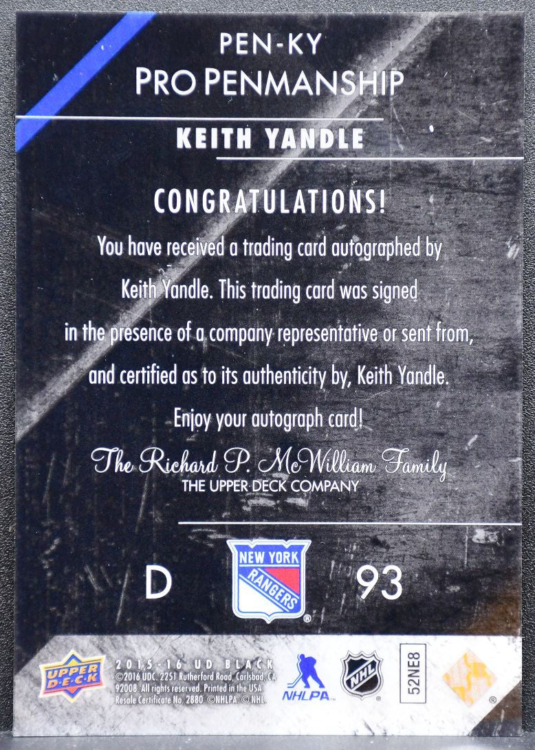 2015-16 Upper Deck Black Pro Penmanship Keith Yandle PEN-KY Rangers Auto 0929