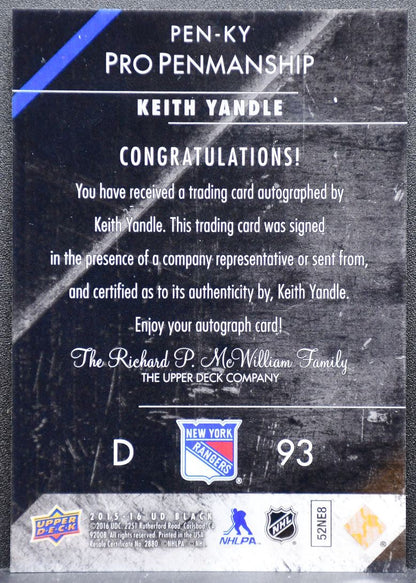 2015-16 Upper Deck Black Pro Penmanship Keith Yandle PEN-KY Rangers Auto 0929