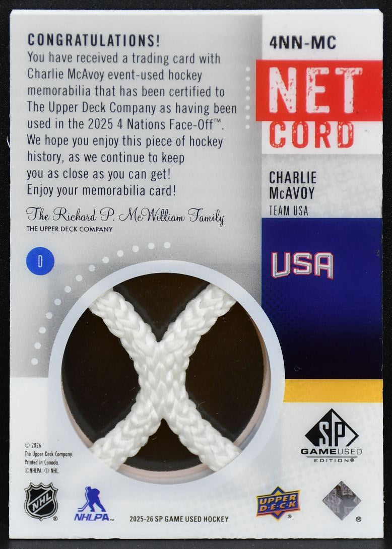 2025-26 SP Game Used 4 Nations Face Off McAvoy Team USA 08/35 Net Cord 3039