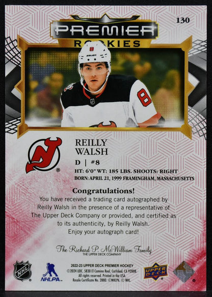 2022-23 Upper Deck Premier Rookies Reilly Walsh 130 Devils RC Auto 4982